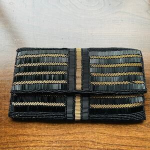 Vintage Delill Evening Bag Fully Beaded Black gold clutch